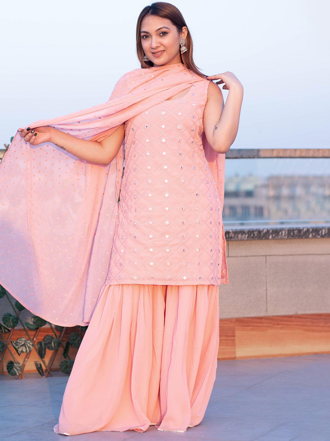 Pink Embroidered Georgette Straight Sharara Suit Set With Dupatta