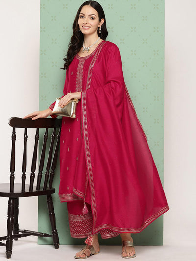 Pink Embroidered Silk Blend Straight Suit With Dupatta