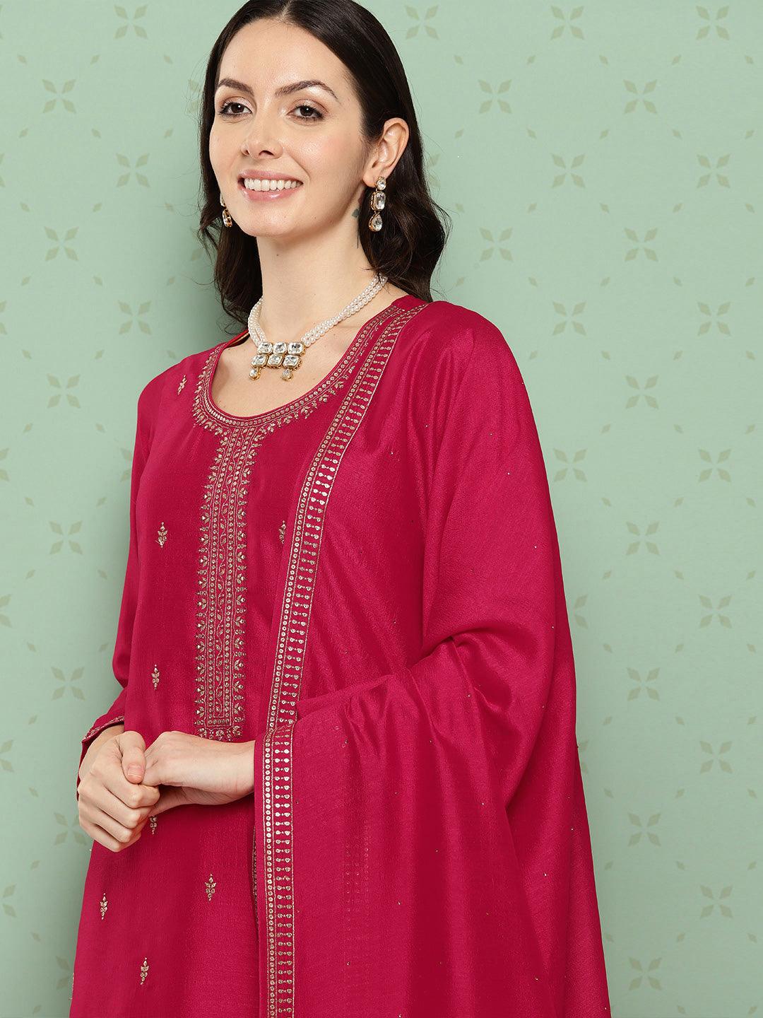 Pink Embroidered Silk Blend Straight Suit With Dupatta