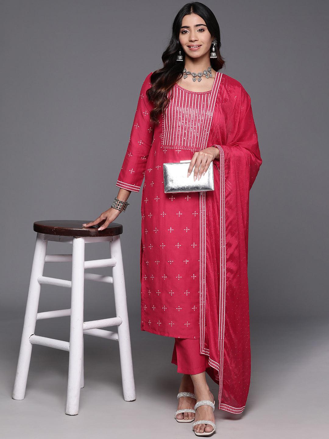 Pink Embroidered Silk Blend Straight Suit With Dupatta