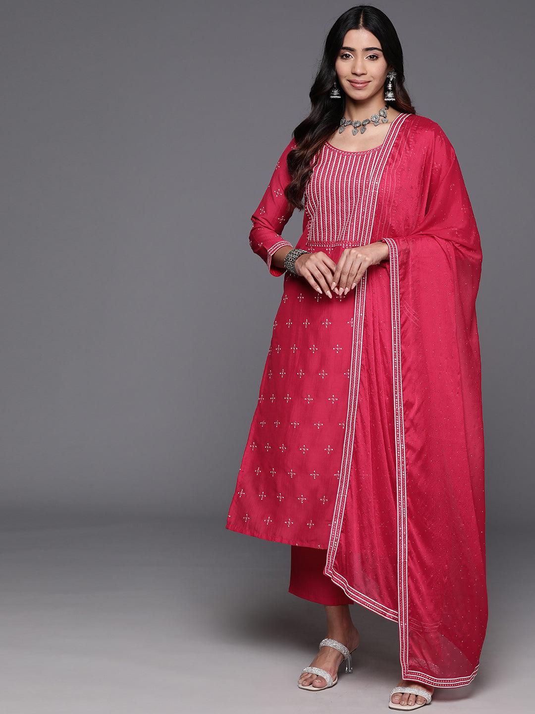 Pink Embroidered Silk Blend Straight Suit With Dupatta