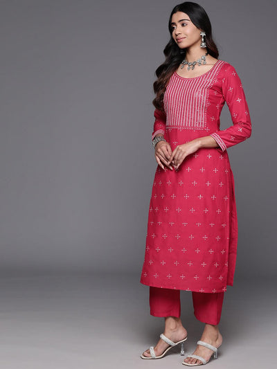 Pink Embroidered Silk Blend Straight Suit With Dupatta