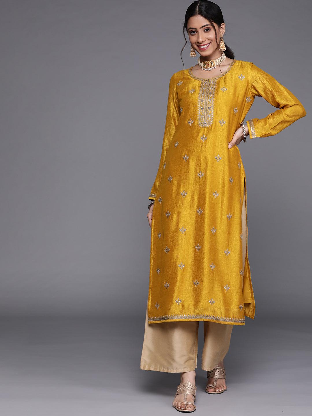 Yellow Embellished Silk Kurta